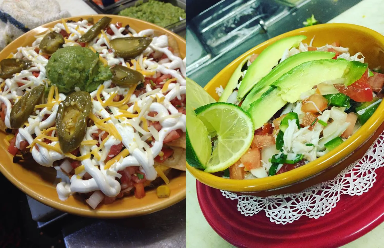 El Coyote nachos with guacamole, beside crab salsa with sliced avocado