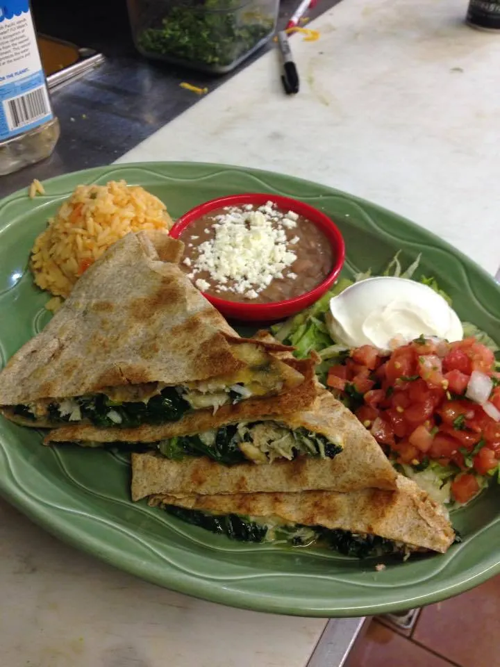 El Coyote blue crab quesadilla served with rice and beans
