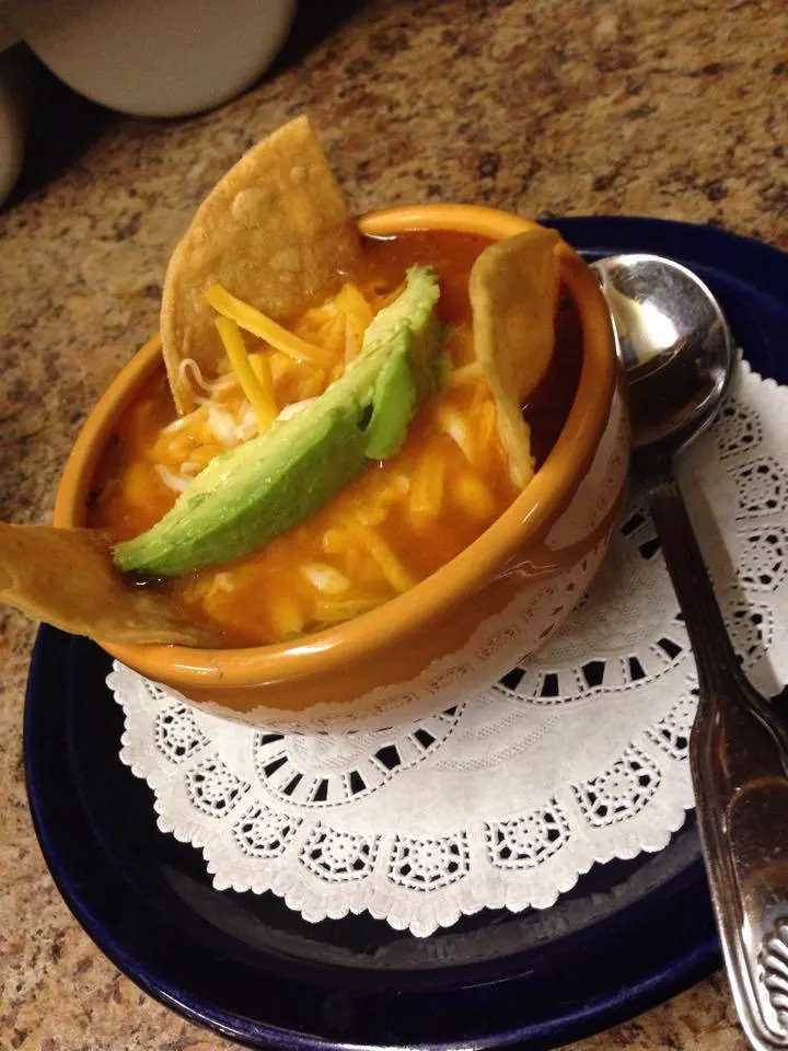Aztec soup topped with avocado